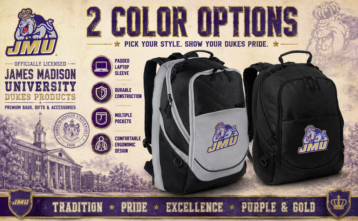 JMU Dukes Laptop Backpack – Official James Madison University Bookbag – 17" Laptop Sleeve, NCAA School Gear – 600D Polyester Black and Gray