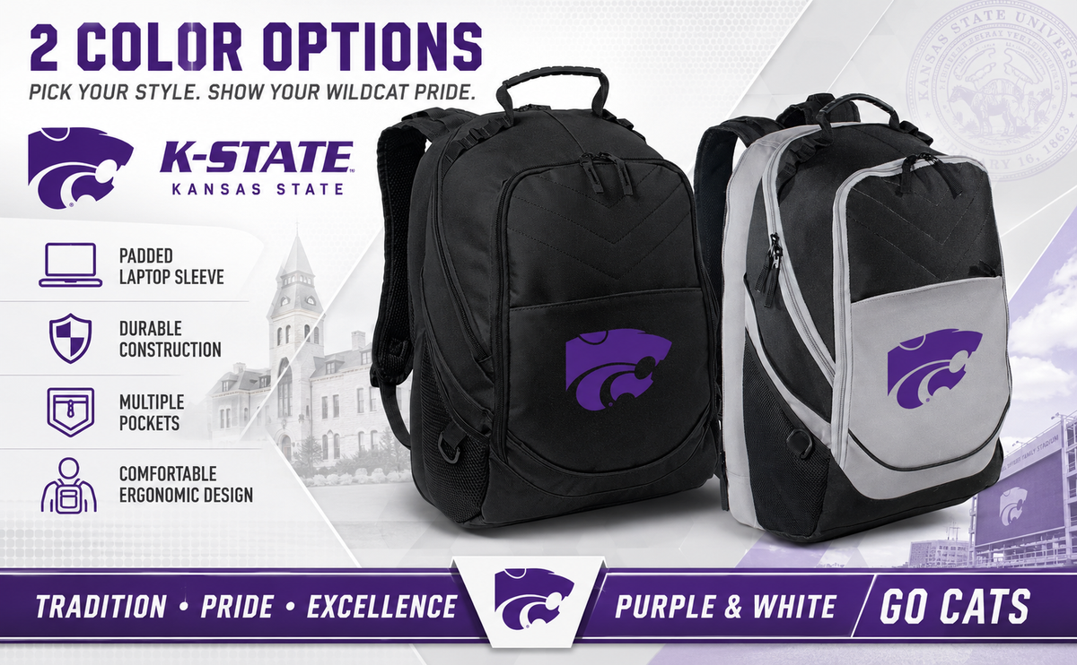 Kansas State Wildcats Laptop Backpack – Official K-State Bookbag – 17" Laptop Sleeve, NCAA School Gear – 600D Polyester Black and Gray