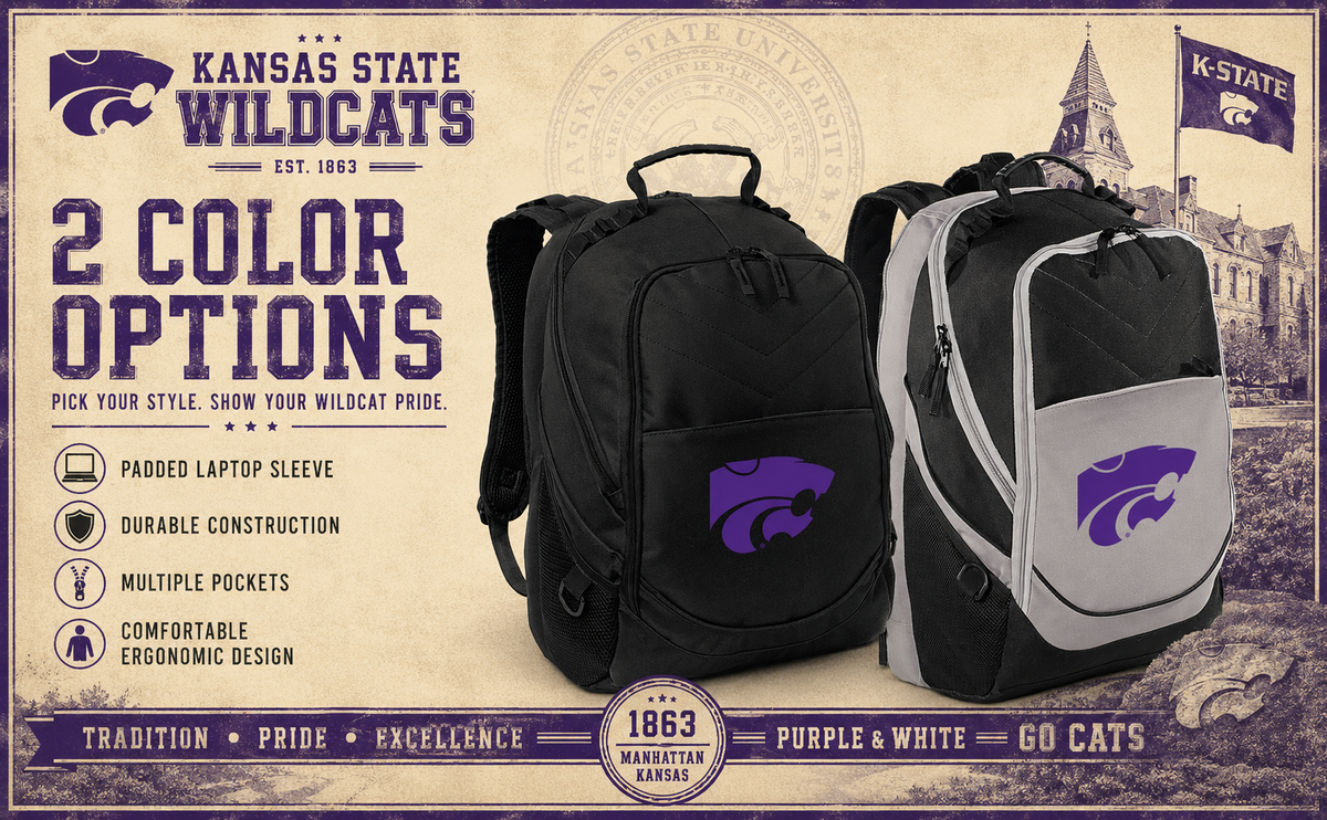 Kansas State Wildcats Laptop Backpack – Official K-State Bookbag – 17" Laptop Sleeve, NCAA School Gear – 600D Polyester Black