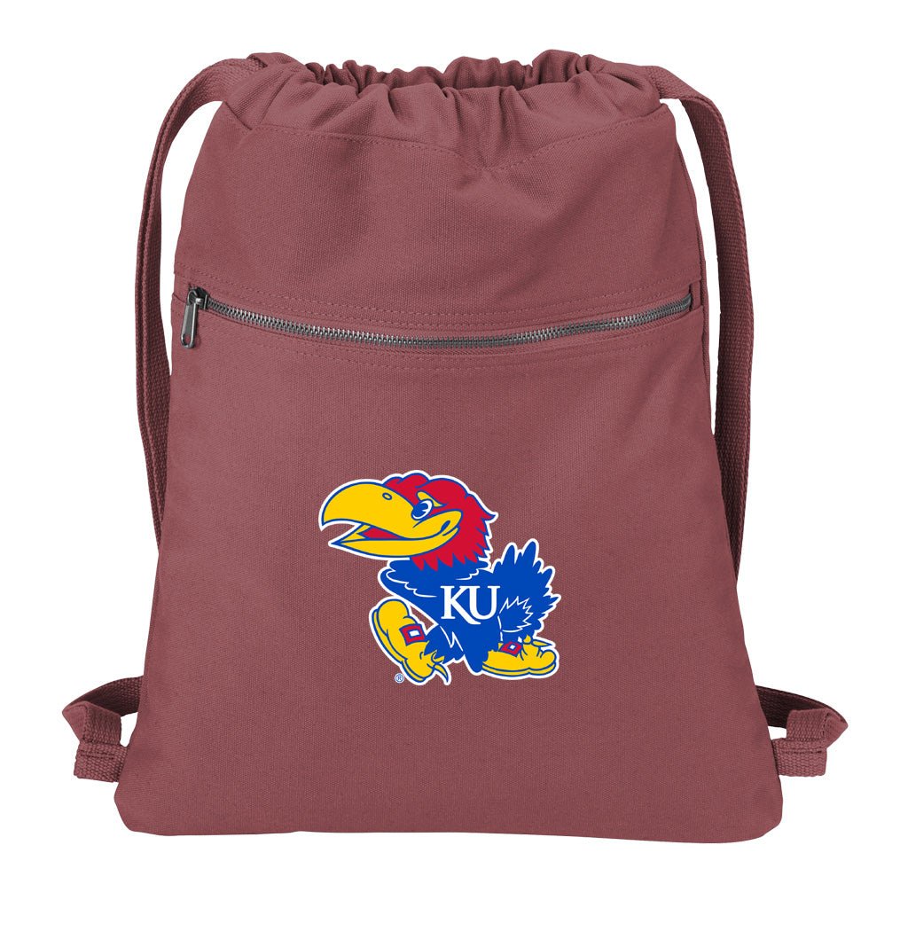 University of Kansas Canvas Drawstring Backpack KU Jayhawks Cotton Cinch Pack Bag Dye Washed Red