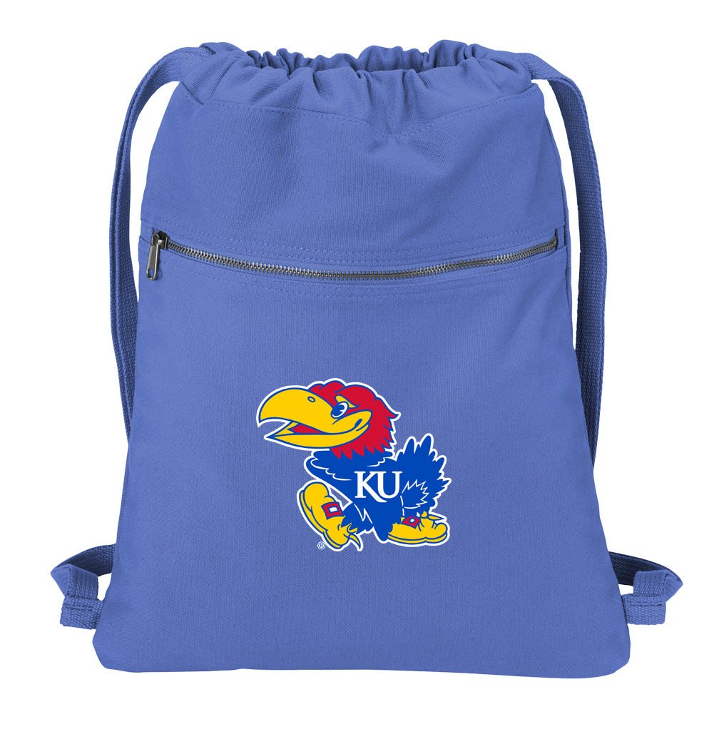 University of Kansas Canvas Drawstring Backpack KU Jayhawks Cotton Cinch Pack Bag Dye Washed Blue
