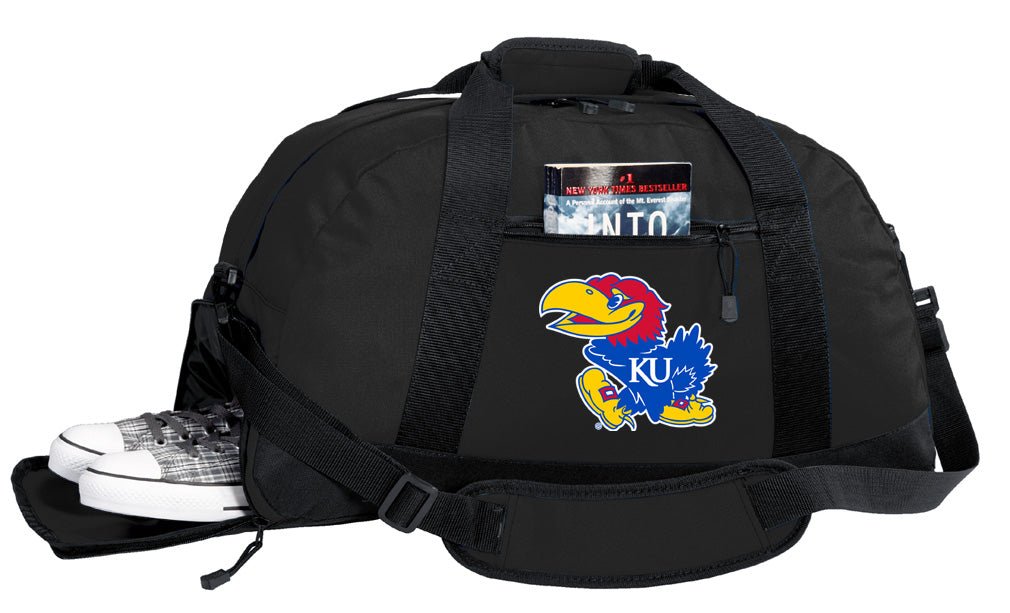 Kansas Duffel Bag – Official Jayhawks Medium Gym & Travel Bag with Shoe Pocket – 600D Polyester Black