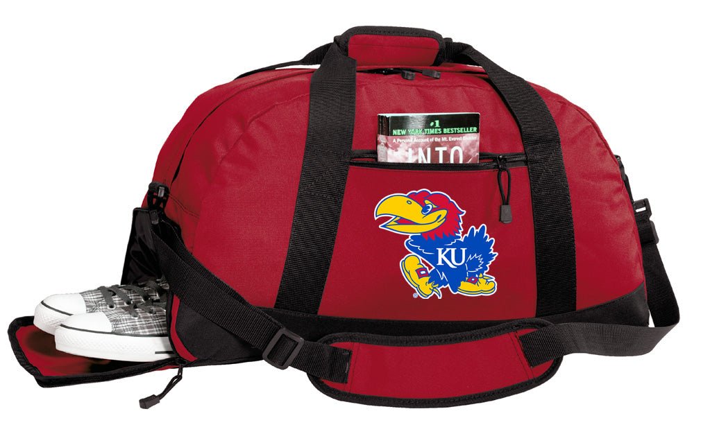 Kansas Duffel Bag – Official Jayhawks Medium Gym & Travel Bag with Shoe Pocket – 600D Polyester Red