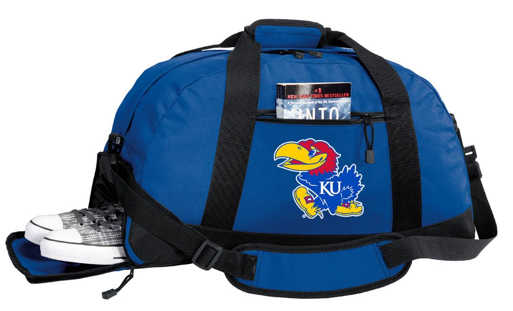 Kansas Duffel Bag – Official Jayhawks Medium Gym & Travel Bag with Shoe Pocket – 600D Polyester Blue
