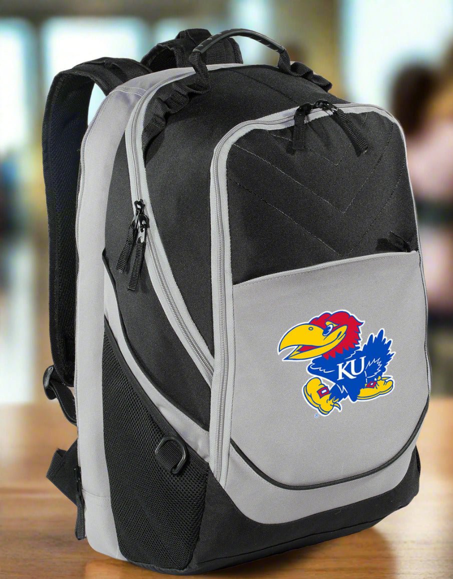 Kansas Jayhawks Laptop Backpack – Official University of Kansas Bookbag – 17" Laptop Sleeve, NCAA School Gear – 600D Polyester Black and Gray