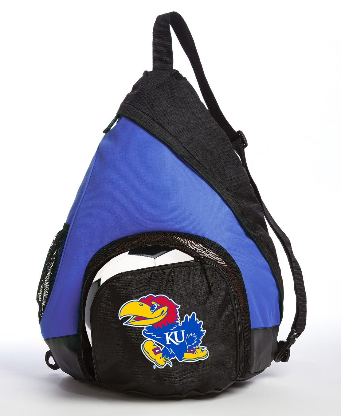 University of Kansas Sling Backpack KU Jayhawks Bag with Soccer Ball or Volleyball Bag Sports Gear Compartment Practice Bag Blue
