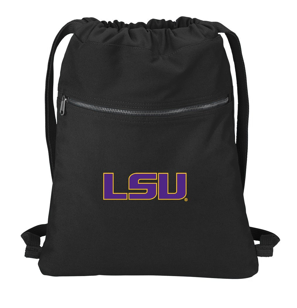 LSU Tigers Canvas Drawstring Backpack LSU Cotton Cinch Pack Bag Black