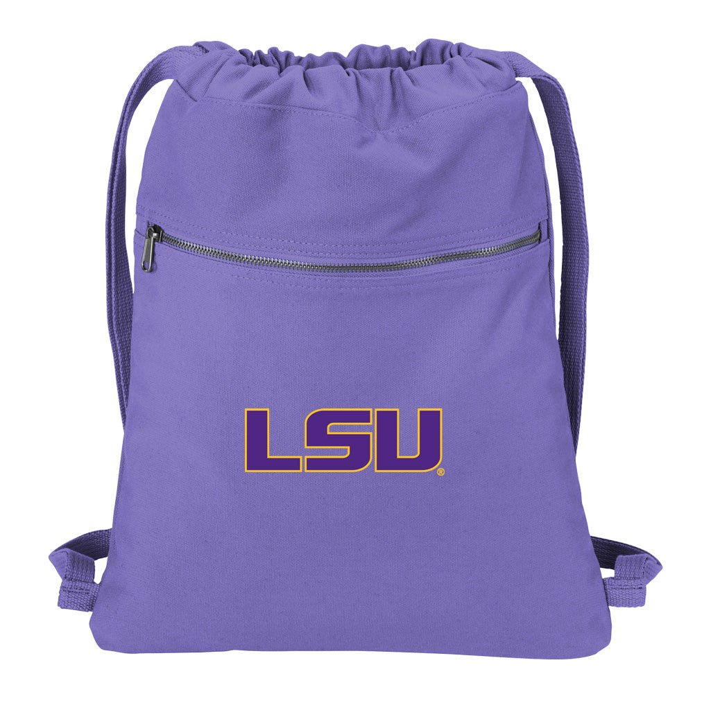 LSU Tigers Canvas Drawstring Backpack LSU Cotton Cinch Pack Bag Purple