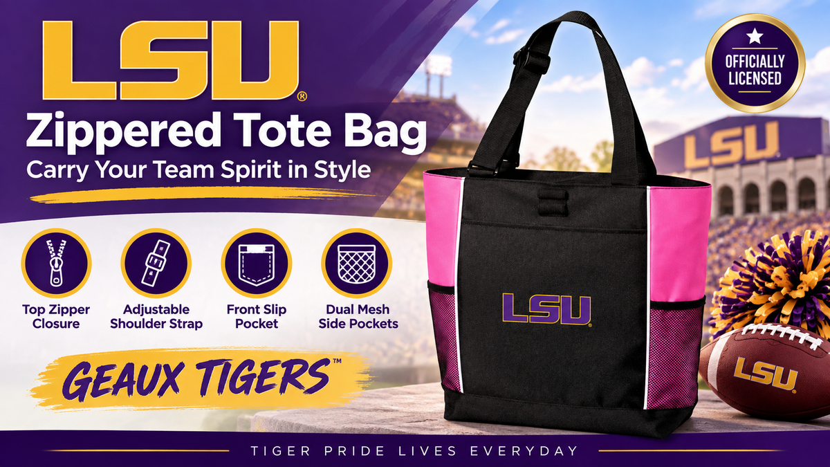 LSU Tigers Tote Bag - Zippered Carryall Everyday Bag Pink