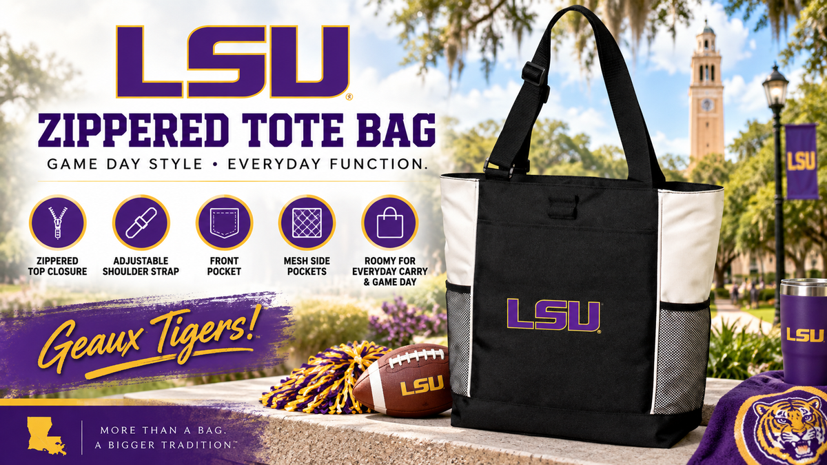 LSU Tigers Tote Bag - Zippered Carryall Everyday Bag White
