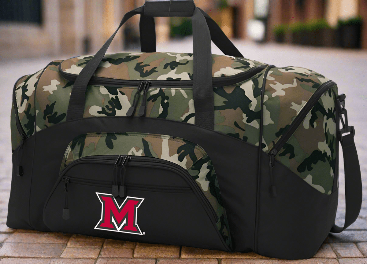 Miami of Ohio Camo Duffel Bag – Official RedHawks Travel, Gym & Sports Bag with Shoulder Strap – 600D Polyester