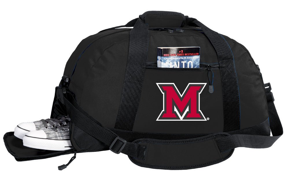 Miami of Ohio Duffel Bag – Official RedHawks Medium Gym & Travel Bag with Shoe Pocket – 600D Polyester Black