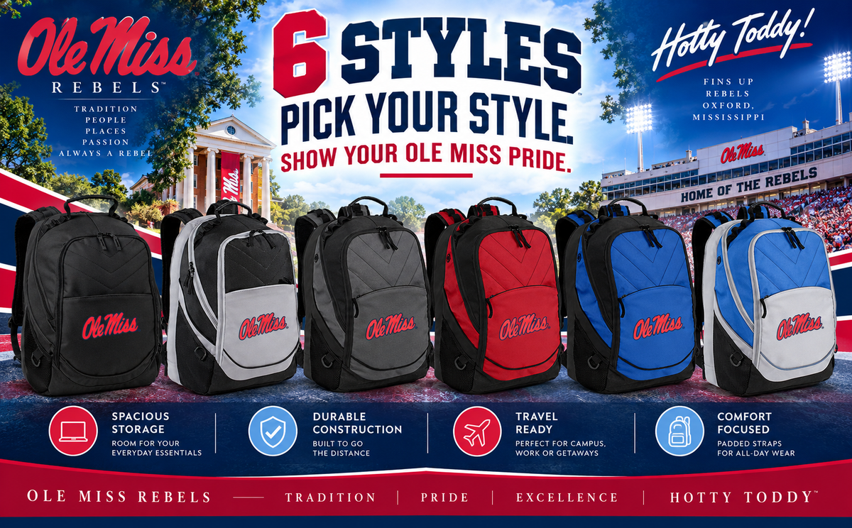 Ole Miss Laptop Backpack - Padded Laptop Section Blue and Gray