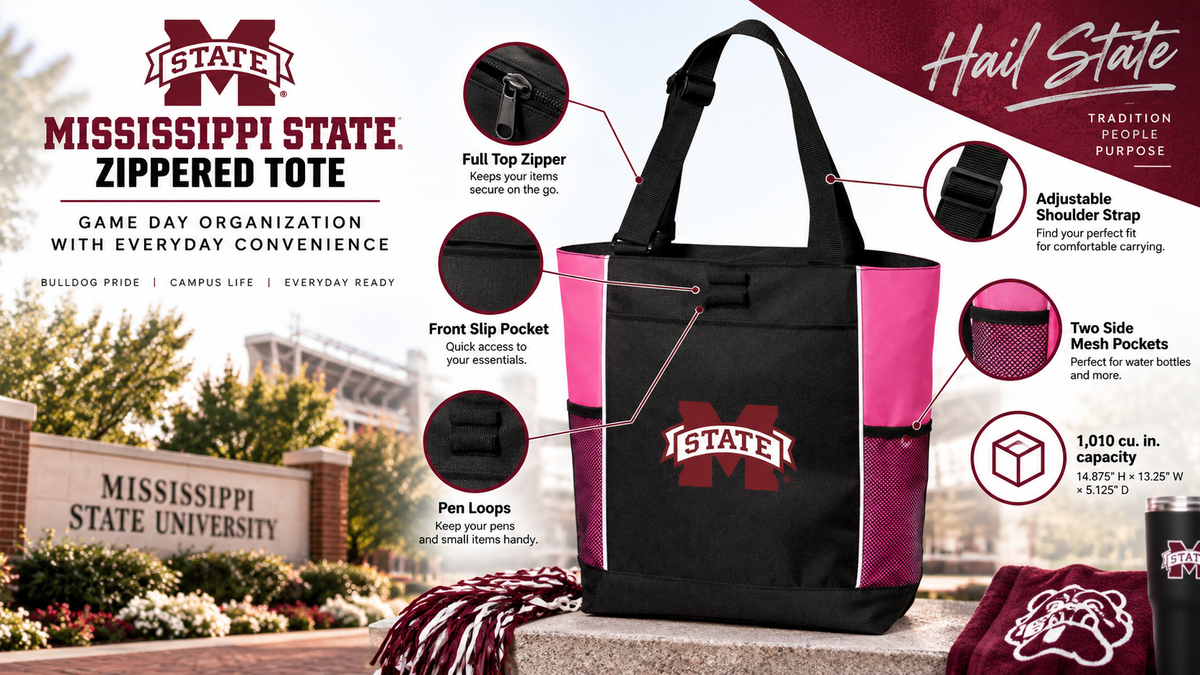 Mississippi State Tote Bag - Zippered Top Gameday or Everyday Bag Grandpa on White