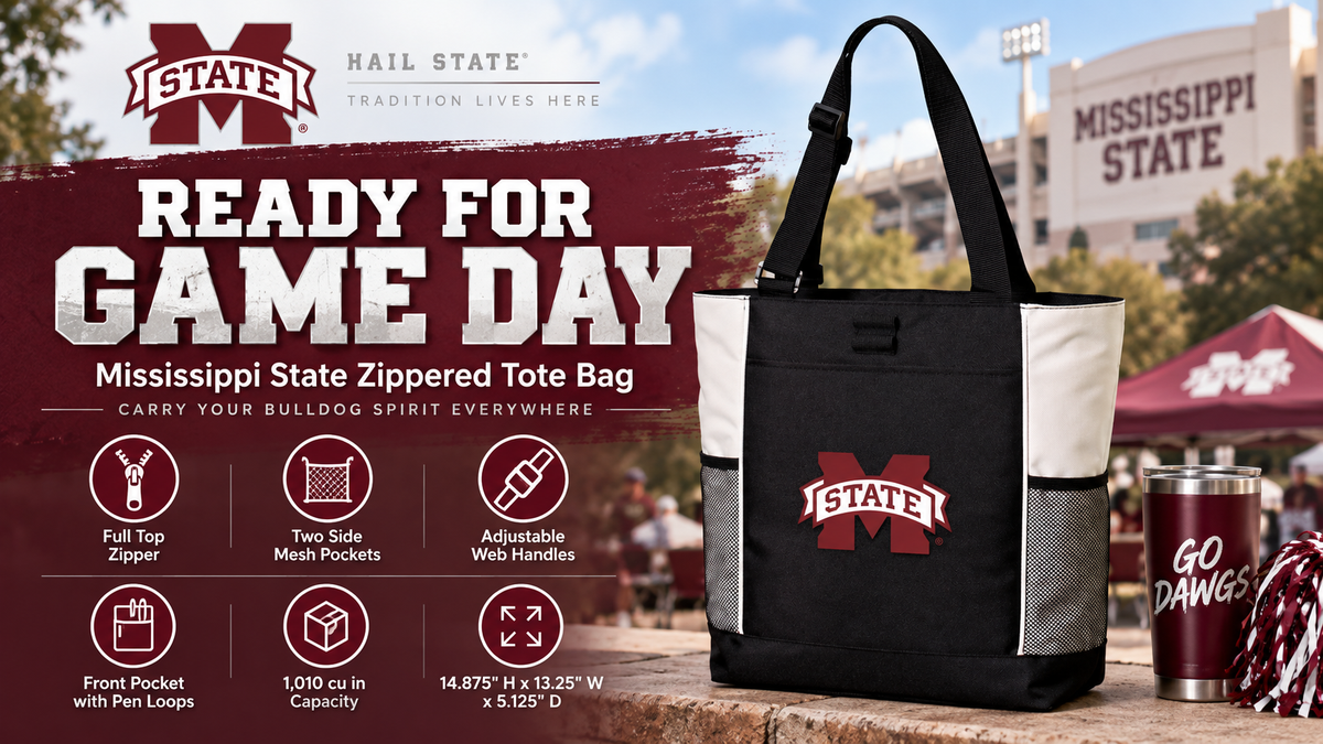 Mississippi State Tote Bag - Zippered Top Gameday or Everyday Bag White