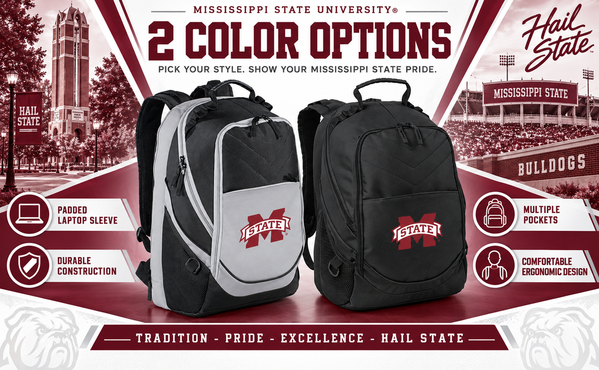 Mississippi State Bulldogs Laptop Backpack – Official MSU Bookbag – 17" Laptop Sleeve, NCAA School Gear – 600D Polyester Black and Gray