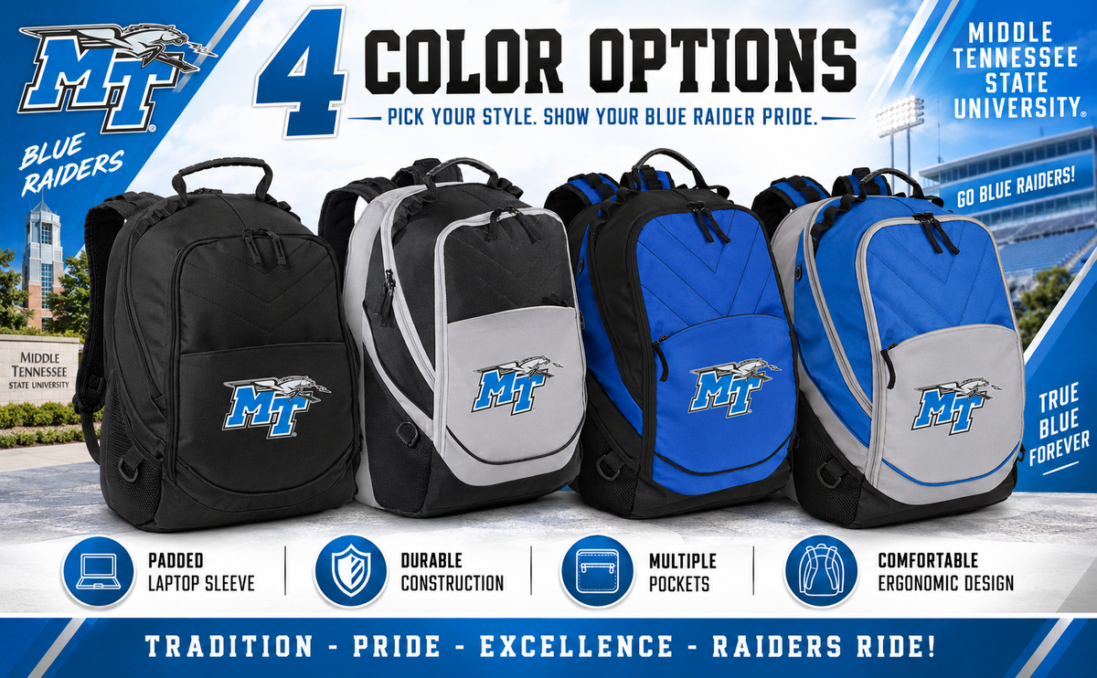 Middle Tennessee Blue Raiders Laptop Backpack – Official MTSU Bookbag – 17" Laptop Sleeve, NCAA School Gear – 600D Polyester Blue