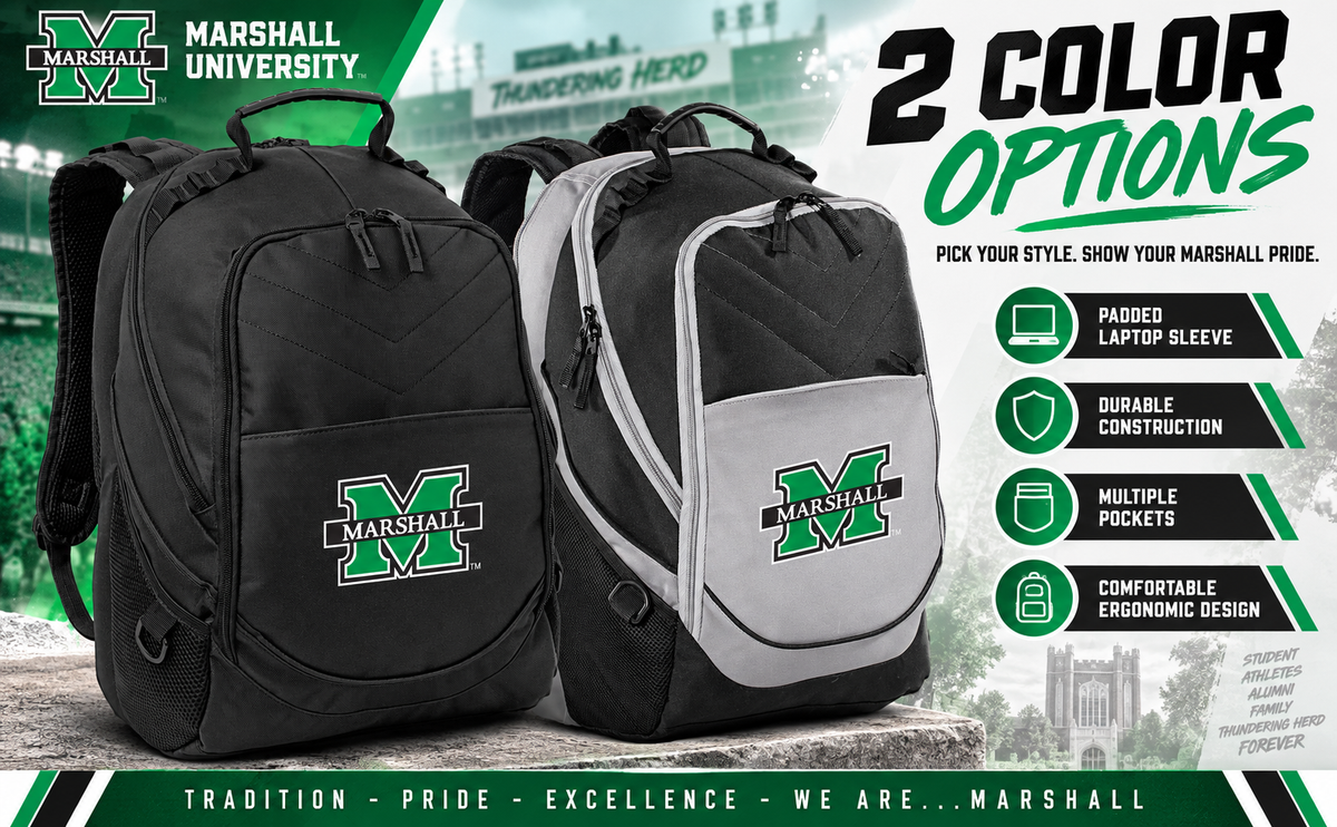 Marshall Thundering Herd Laptop Backpack - Official Marshall University Bookbag Black and Gray