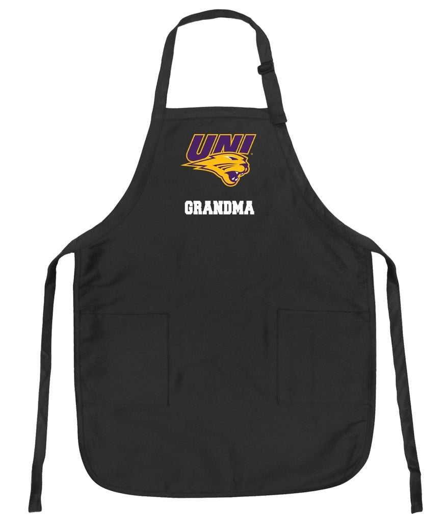 Northern Iowa Apron Official UNI Panthers Aprons - Stain Resistant Fabric Grandma on Black