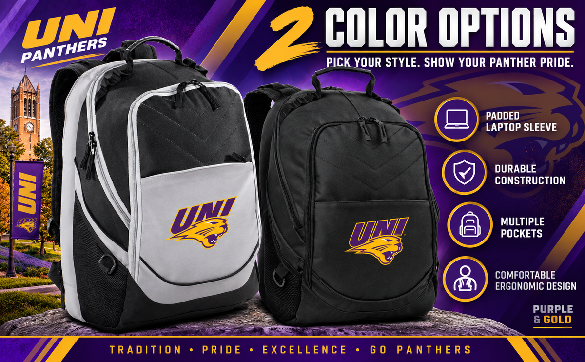 Northern Iowa Laptop Backpack – Official UNI Panthers Bookbag Black and Gray