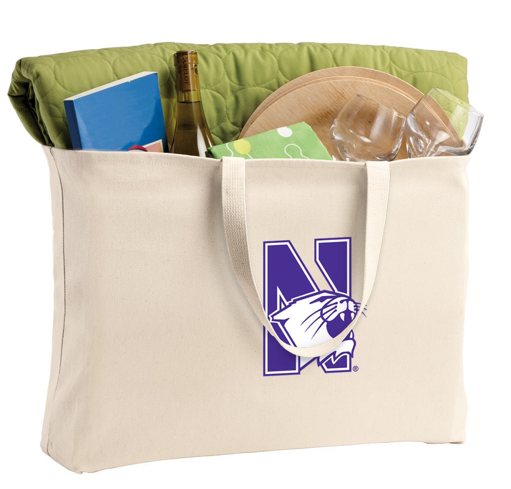 Northwestern University Large Tote Bag NU Wildcats Jumbo Tote for Beach Pool or Travel Tan