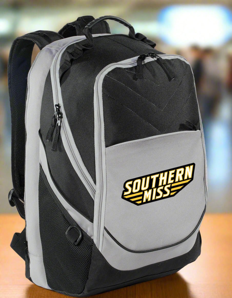 Southern Miss Laptop Backpack – Official Southern Miss Golden Eagles Bookbag – 17" Laptop Sleeve, NCAA School Gear – 600D Polyester Black and Gray