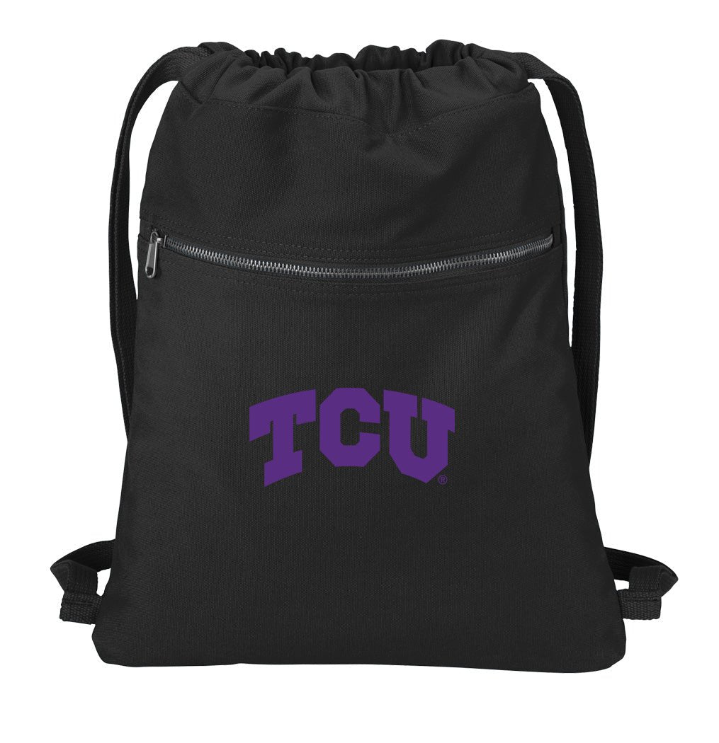 TCU Canvas Drawstring Backpack Texas Christian Cotton Cinch Pack Bag Black