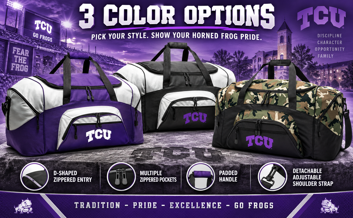 TCU Duffel Bag Large Texas Christian Gym, Travel & Suitcase-Style Gear Bag Purple TCU Duffel