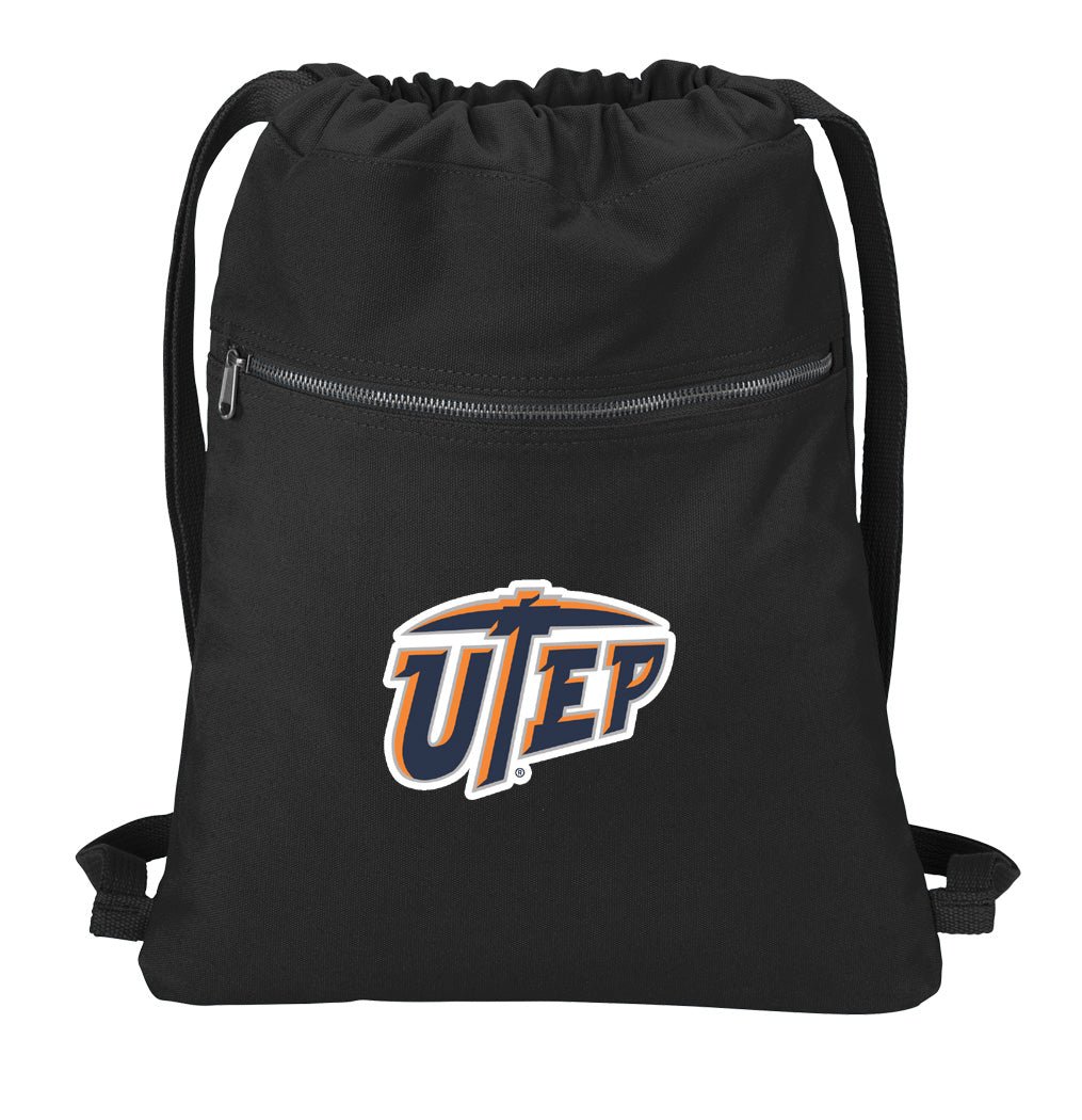 UTEP Canvas Drawstring Backpack University of Texas El Paso Cotton Cinch Pack Bag Black