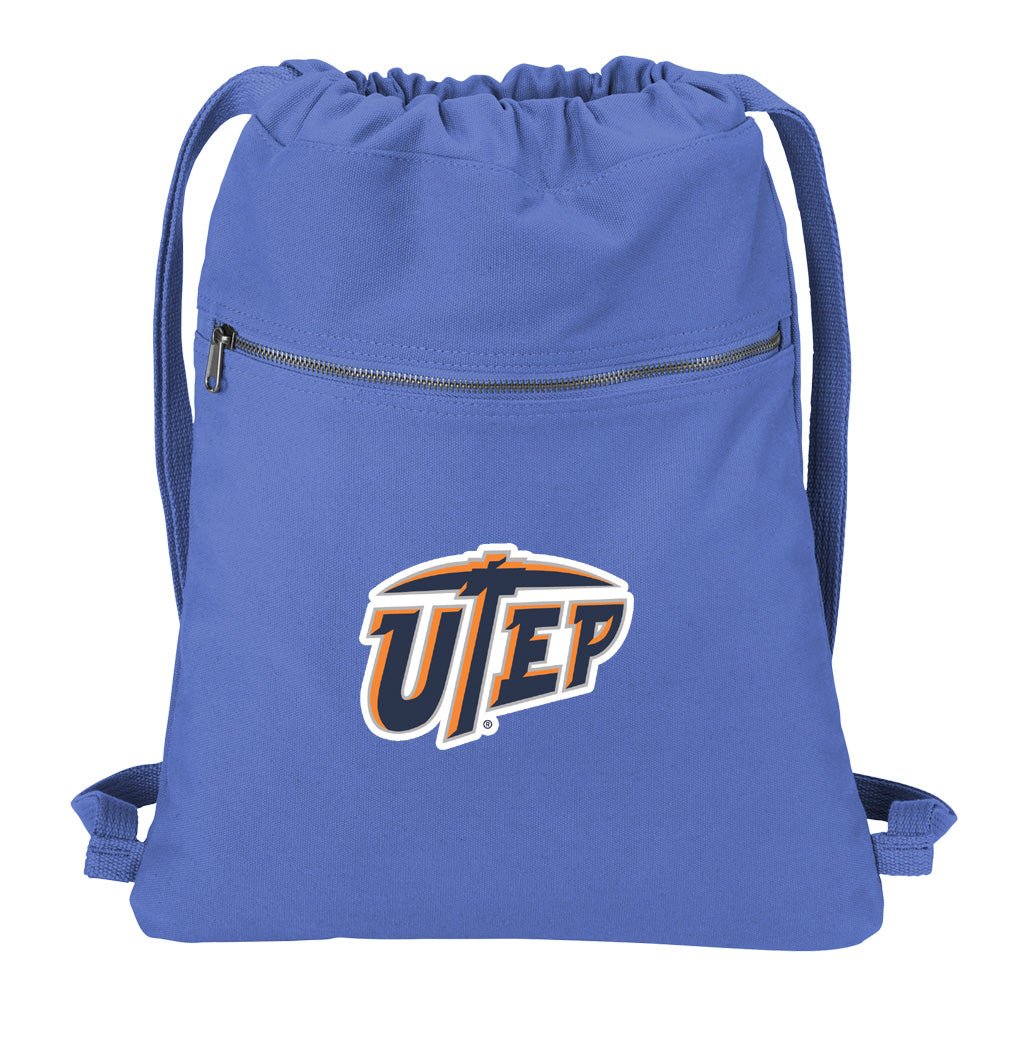 UTEP Canvas Drawstring Backpack University of Texas El Paso Cotton Cinch Pack Bag Dye Washed Blue