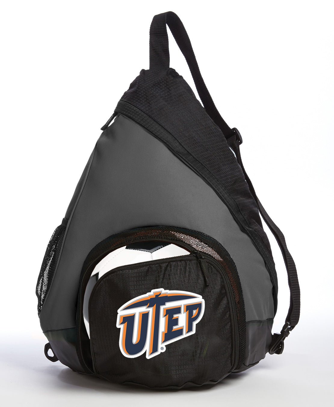 UTEP Sling Backpack University of Texas El Paso Bag with Soccer Ball or Volleyball Bag Sports Gear Compartment Practice Bag Black