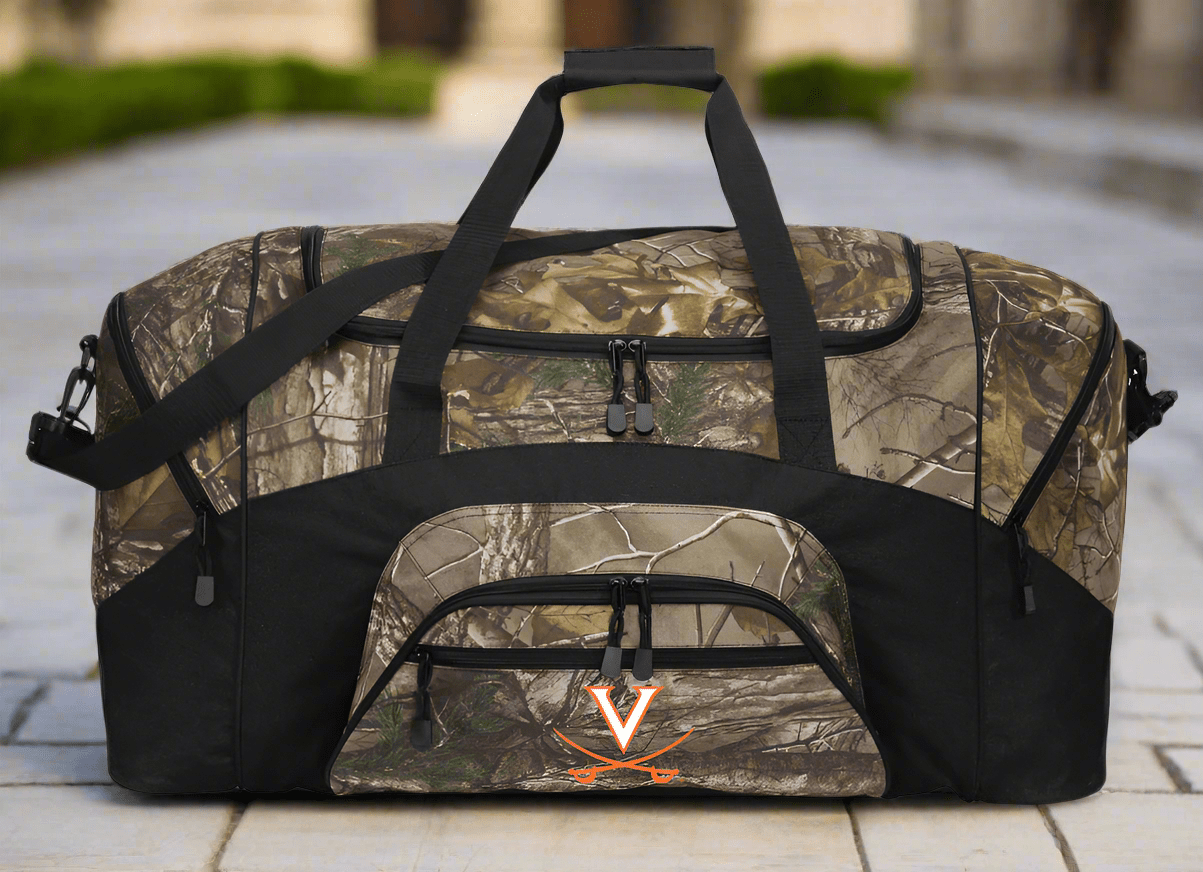 big duffel bag for travel Broad Bay Cotton Camo UVA Duffle Bag Or RealTree Camo UVA University of Virginia Gym Bag, Adult Unisex, Size: 13.5 x 27.25, White