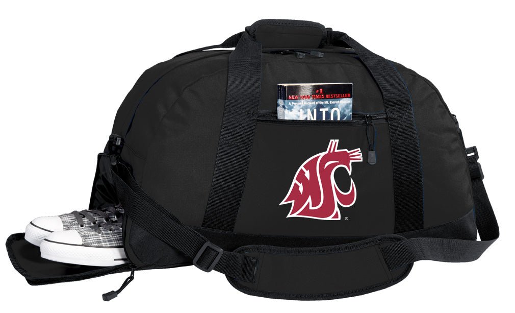 Washington State Duffel Bag – Official Cougars Medium Gym & Travel Bag with Shoe Pocket – 600D Polyester Black