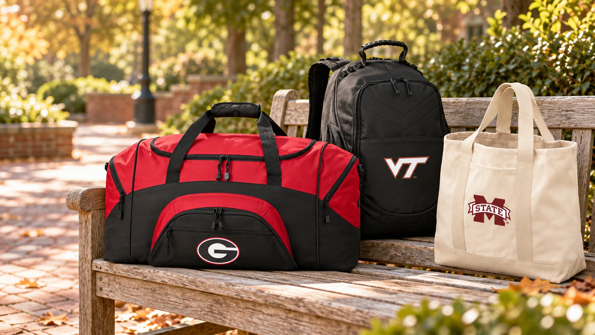 Georgia Bulldogs duffel, Virginia Tech backpack, and Mississippi State tote on a campus bench